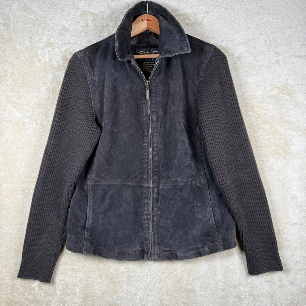 Fabio Womens Leather Jacket Size M Sweater Knit‎ Sleeve Zip Up Brown Y2K